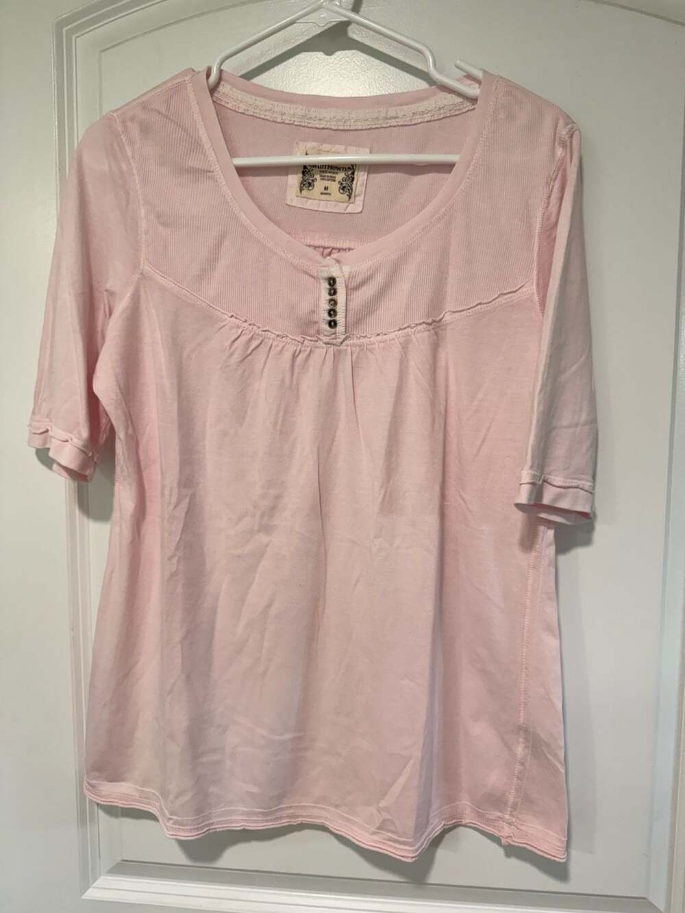Rose Pink Lace Trim Henley Top Coquette Cottagecore Romantic Women’s M